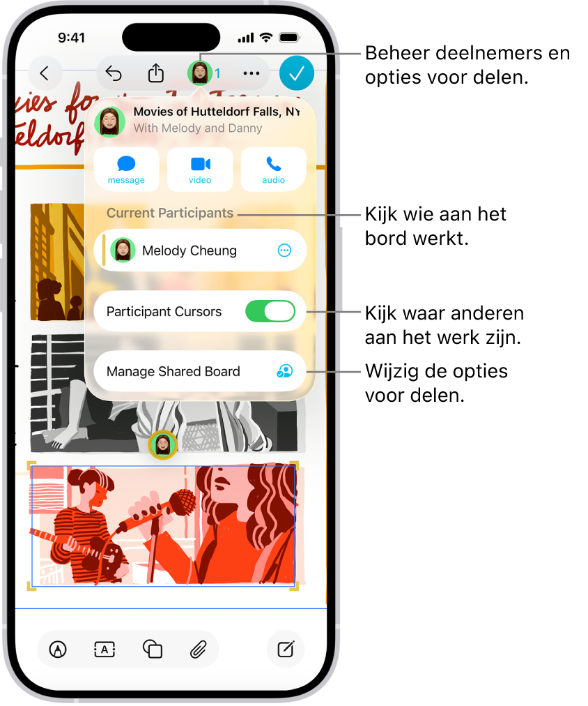 Een gedeeld Freeform-bord op een iPhone waarop het samenwerkingsmenu te zien is.