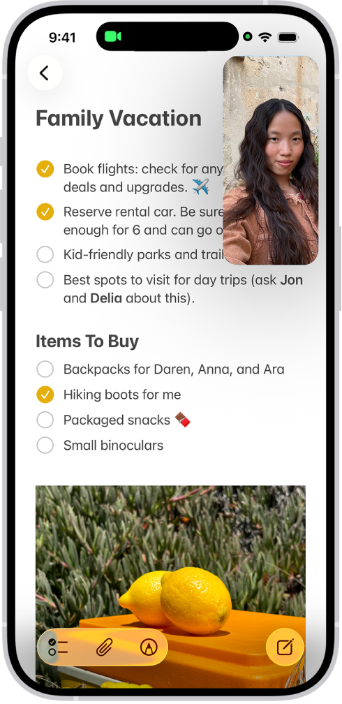 Een FaceTime-gesprek waarbij een notitie over keukeninrichting de rest van het scherm vult.