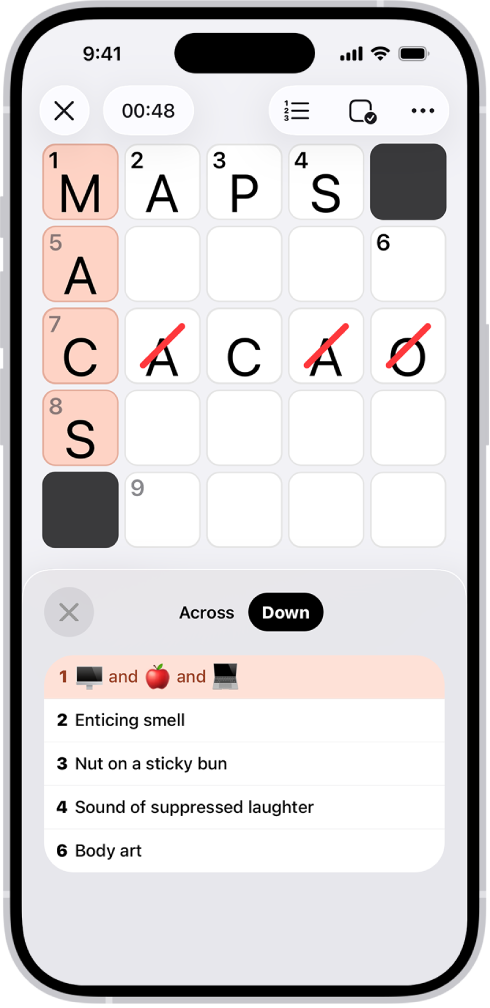 Et delvis utfylt minikryssord vises med hint åpent nederst.
