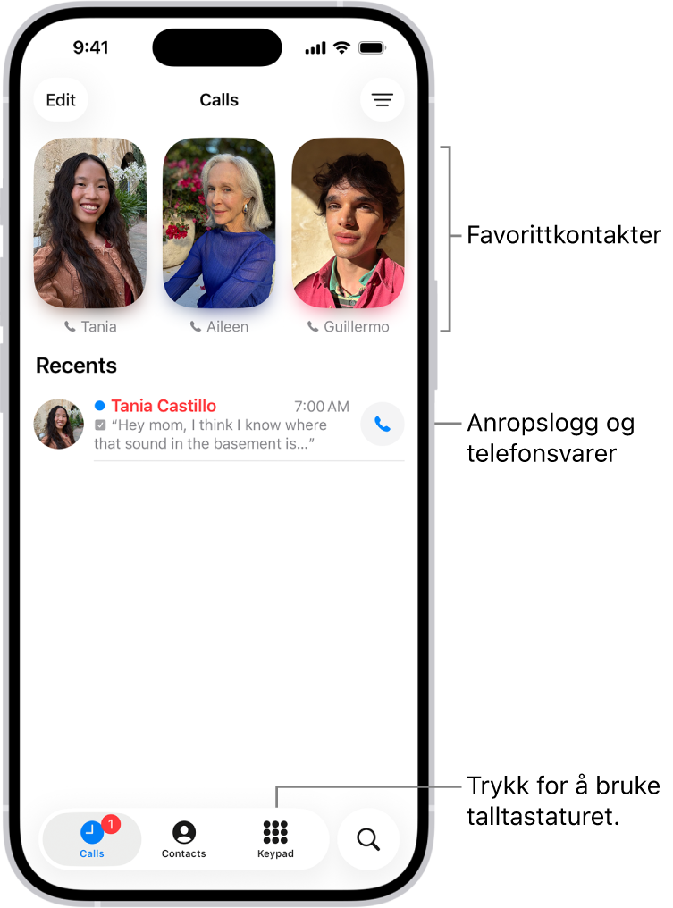 Anrop-fanen i Samlet-design i Telefon-appen. Favorittkontakter vises øverst. Under Favoritter er det en liste over nylige anrop og telefonsvarer. Knapper for å vise Anrop-, Kontakter- og Tastatur-fanene vises nederst. Søk-knappen vises nederst til høyre.