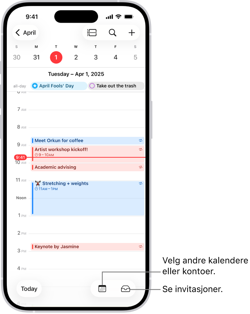 En kalender i dagsvisning som viser dagens hendelser. Kalender-knappen er nederst i midten på skjermen, og Innboks-knappen er nederst til høyre.