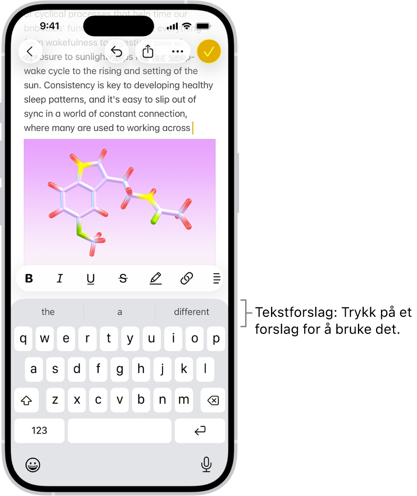 Skjermtastaturet er åpent i Meldinger-appen. Tekst skrives inn i tekstfeltet, og over tastaturet er tekstforslag for det neste ordet.