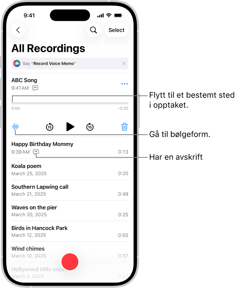 Skjermen med Taleopptak-listen, med et markert opptak øverst. Tidslinjen for opptaket har et spillehode som du kan flytte for å gå til ønsket sted i opptaket. Avspillingskontrollene er under tidslinjen.