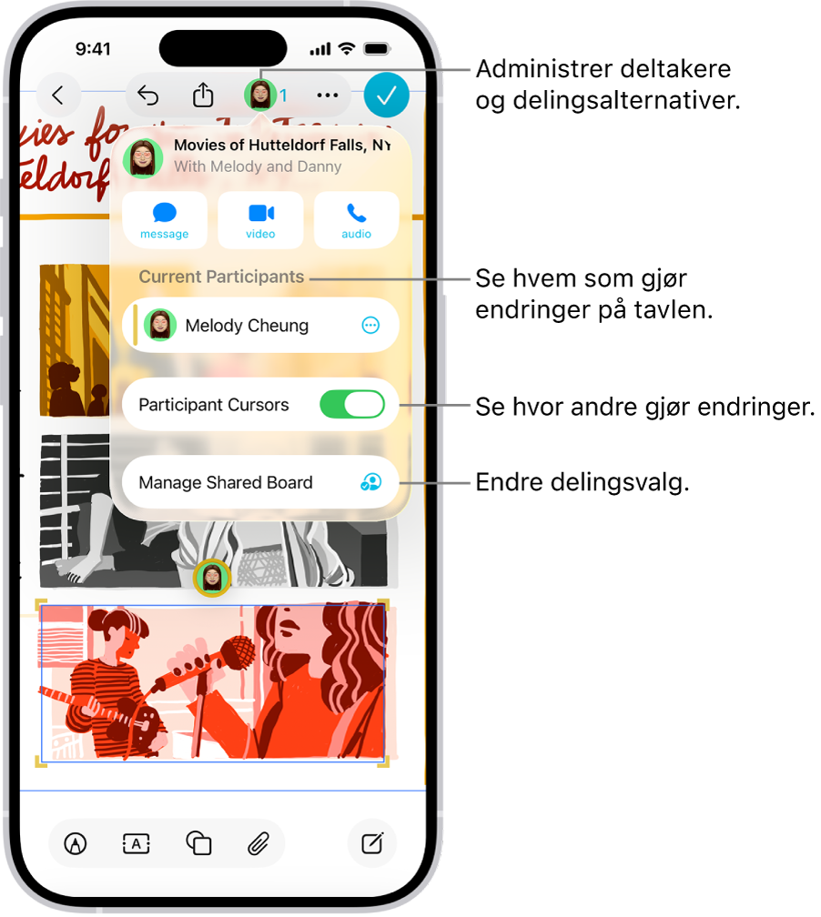 En delt Freeform-tavle på iPhone med samarbeidsmenyen åpen.