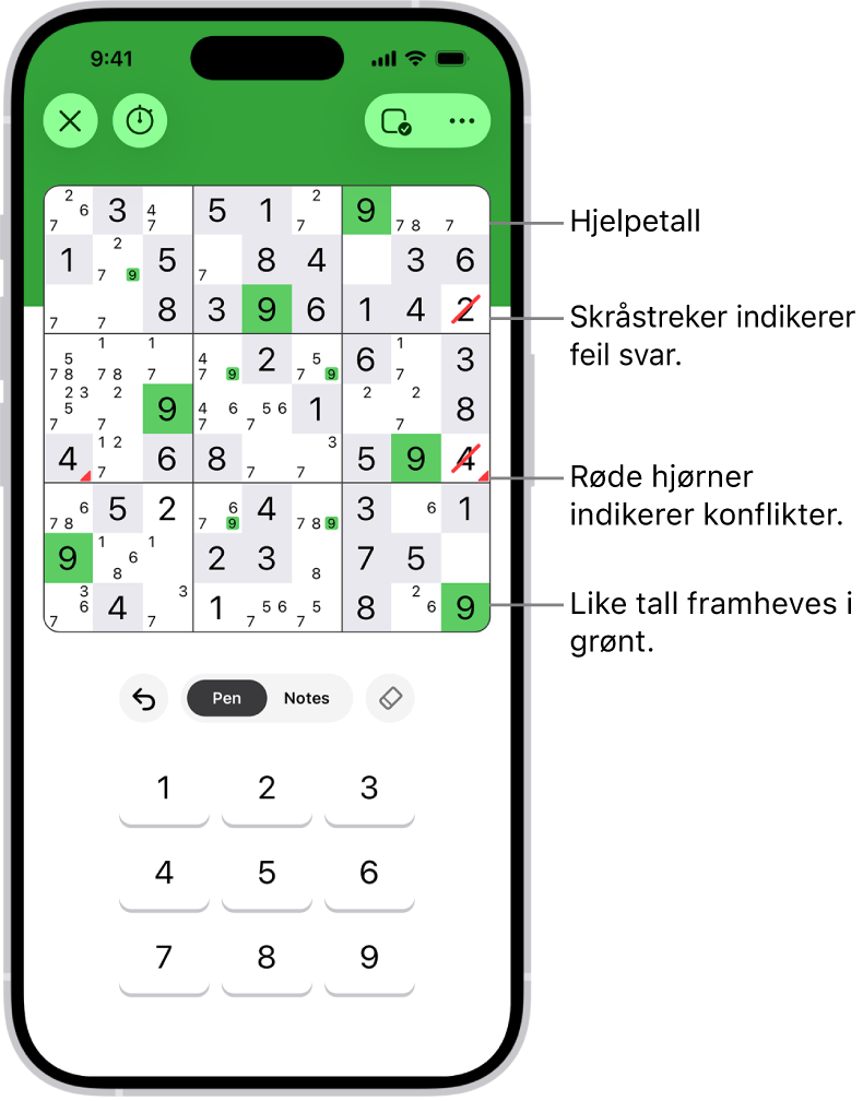 En sudoku-oppgave med flere funksjoner slått på: Notes, Highlight Matching Numbers, Show Conflicts og  Autocheck.