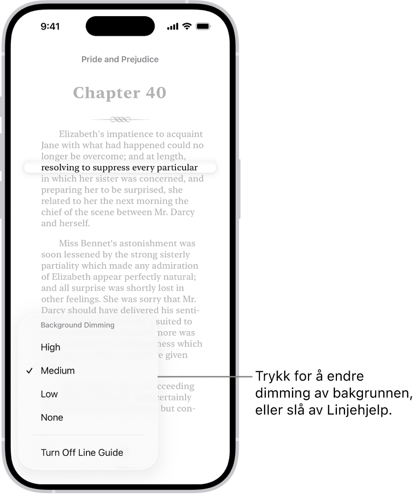 En bokside i Bøker-appen. Én tekstlinje er uthevet, og resten av teksten dempes. Linjehjelpmeny-knappen er nederst i venstre hjørne.