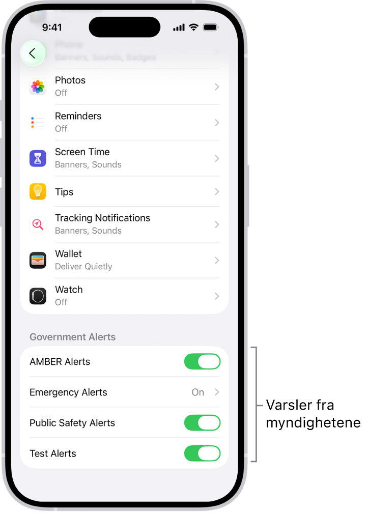 Varslinger-skjermen, som viser Varsler fra myndigheter, som du kan slå på for å motta varsler fra myndighetene.