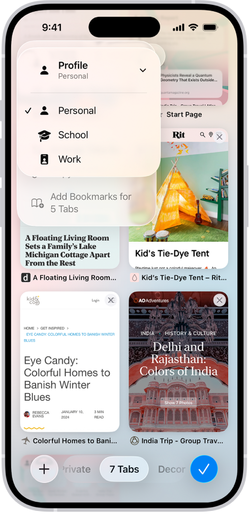 En iPhone-skjerm med åpne faner og en meny med profilene Personlig, Skole og Jobb. Personlig-profilen er valgt.
