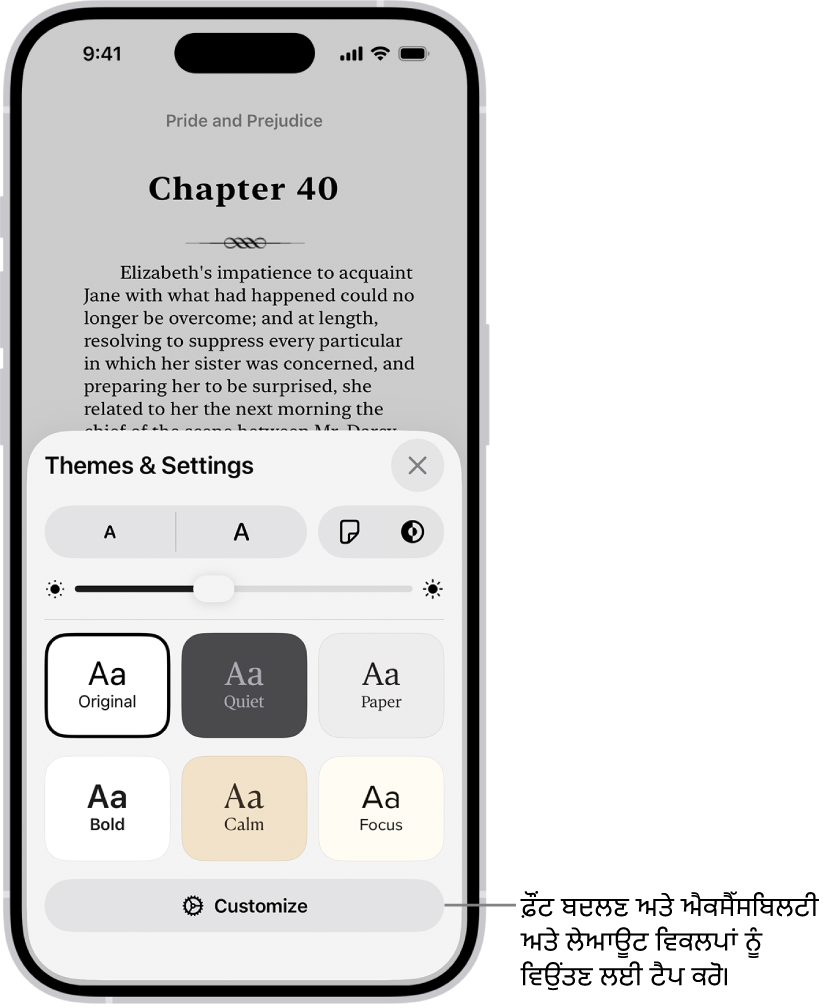 ਕਿਤਾਬਾਂ ਐਪ ਵਿੱਚ ਕਿਤਾਬ ਦਾ ਪੰਨਾ। “ਥੀਮ ਅਤੇ ਸੈਟਿੰਗਾਂ” ਵਿਕਲਪ ਫ਼ੌਂਟ ਆਕਾਰ, ਸਕ੍ਰੋਲਿੰਗ ਦ੍ਰਿਸ਼, ਪੰਨਾ ਪਲਟਣ ਦਾ ਸਟਾਇਲ, ਚਮਕ ਅਤੇ ਫ਼ੌਂਟ ਦੇ ਸਟਾਇਲ ਲਈ ਕੰਟਰੋਲ ਦਿਖਾਉਂਦੇ ਹਨ।