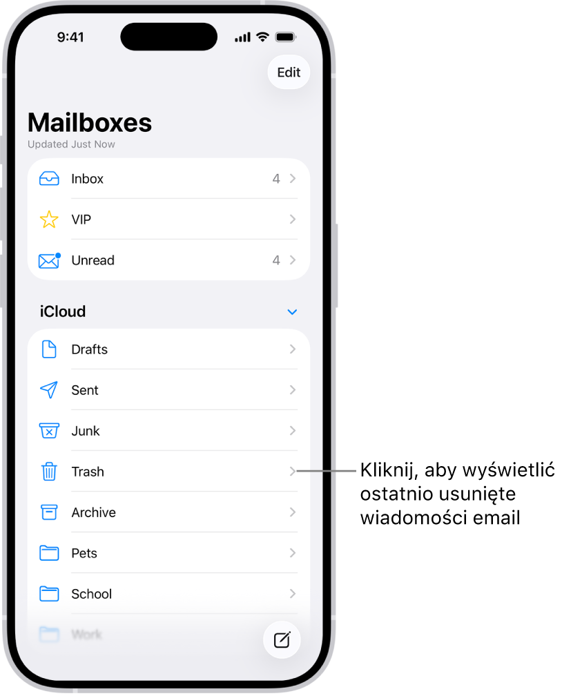 Ekran Skrzynki. Pod etykietą iCloud znajdują się skrzynki ułożone od góry do dołu, w tym między innymi skrzynka Kosz. Możesz stuknąć w tę skrzynkę, aby wyświetlić ostatnio usunięte wiadomości.