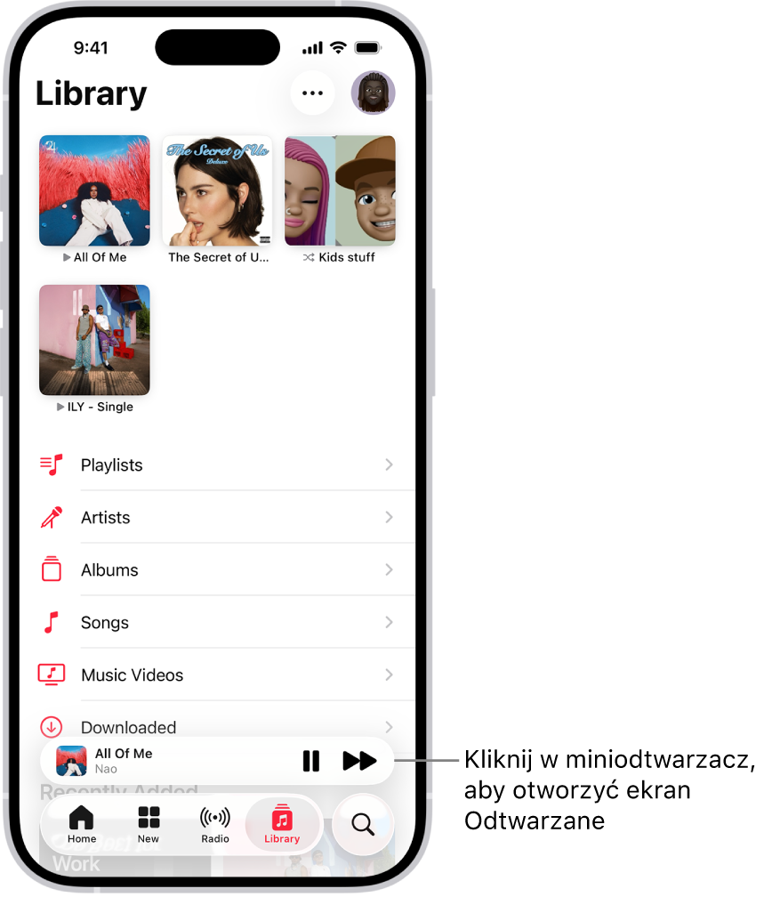 Karta Biblioteka z miniodtwarzaczem na dole. Miniodtwarzacz pokazuje tytuł aktualnie odtwarzanego utworu. Przyciski Wstrzymaj i Następny utwór są po prawej stronie tytułu utworu. Stuknij w miniodtwarzacz, aby otworzyć ekran Odtwarzane.