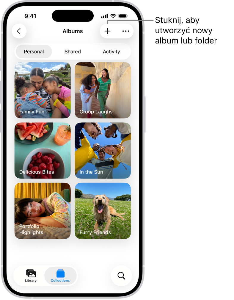 Zbiór Albumy w aplikacji Zdjęcia. Na ekranie widoczna jest siatka albumów. Na górze ekranu umieszczone są następujące przyciski, od lewej do prawej: Wróć, Nowy album oraz Więcej. Poniżej znajdują się przyciski Osobiste, Udostępniane oraz Aktywność. Na dole ekranu umieszczone są następujące przyciski, od lewej do prawej: Biblioteka, Zbiory oraz Szukaj.