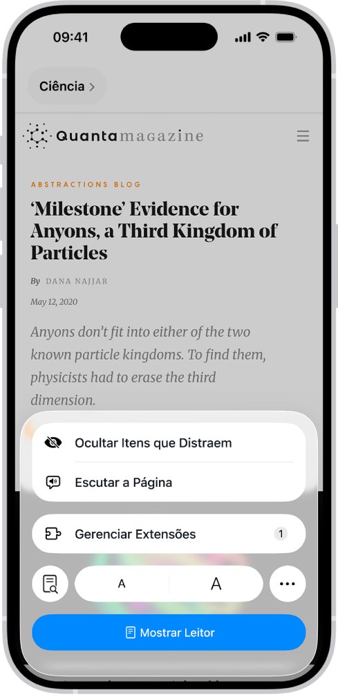 Um site está aberto no Safari, com o campo de endereço indicando que o Leitor está disponível no site.