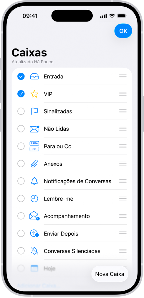 A tela de edição de Caixas de Correio. Caixas de Correio opcionais aparecem na lista, de cima para baixo, com uma caixa de seleção à esquerda de cada opção. No canto inferior direito da tela está um botão chamado Nova Caixa.