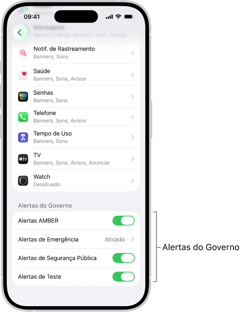 Tela de Notificações, mostrando os Alertas do Governo que você pode ativar para receber alertas do governo.