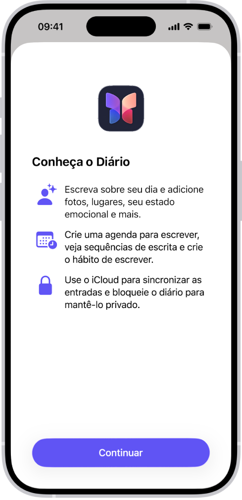 Tela de boas-vindas do app Diário.
