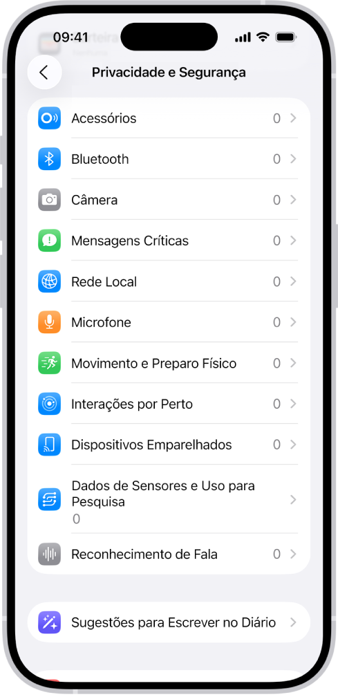 Tela “Privacidade e Segurança”, com ajustes para controlar se os apps podem usar a câmera, o microfone e outras partes do iPhone.