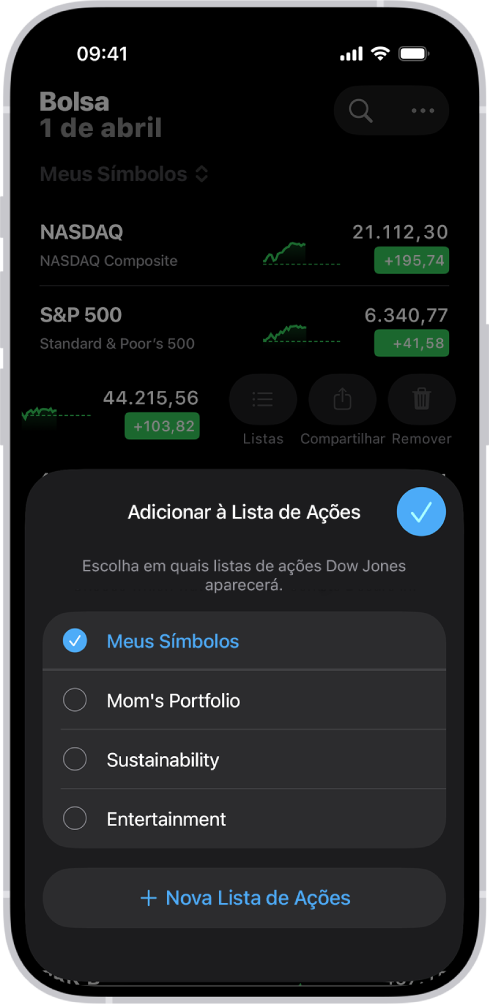 Várias listas de ações no app Bolsa: Meus Símbolos, Portfólio da Mamãe, Sustentabilidade e Entretenimento.
