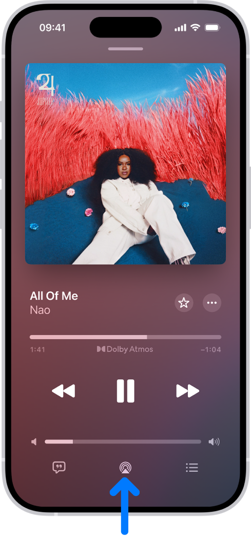 Os controles de reprodução do app Música, incluindo o botão Destino da Reprodução, na parte inferior da tela.