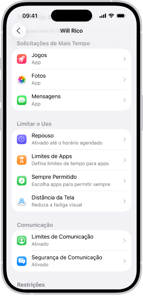 Tela de uma criança em um grupo de Compartilhamento Familiar, mostrando uma seção de Solicitações de Mais Tempo.