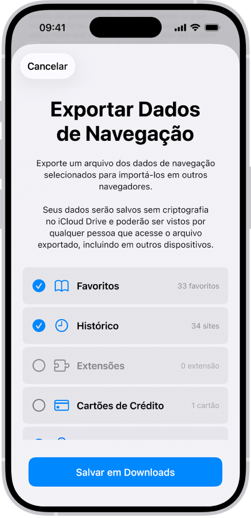Tela Exportar Dados de Navegação, mostrando os dados que você pode exportar do Safari para outro navegador.