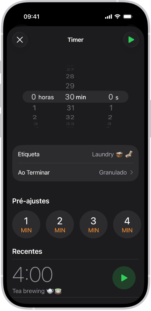 Uma tela para adicionar um timer, com ajustes para definir um timer e um botão para iniciar um timer criado recentemente.
