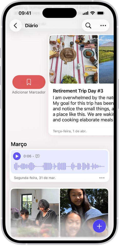 Uma tela no app Diário mostrando entradas de diário. Uma entrada é passada para a direita e mostra o botão Adicionar Marcador.