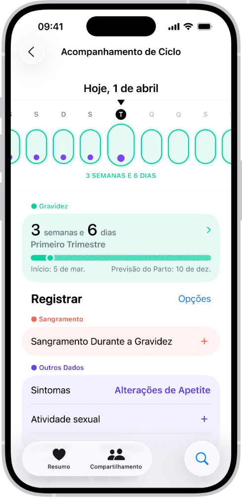 Tela do Acompanhamento de Ciclo, com uma linha do tempo de gravidez de uma semana na parte superior da tela. Formas ovais verde‑claras e pontos roxos marcam os 5 primeiros dias na linha do tempo. Formas ovais pontilhadas em verde‑claro marcam os outros dias na linha do tempo. Abaixo da linha do tempo, o resumo da gravidez, mostrando a idade Gestacional, a data de início e a provável data do parto. Abaixo do resumo da gravidez, opções para adicionar informações de sangramento durante a gravidez, sintomas e mais.