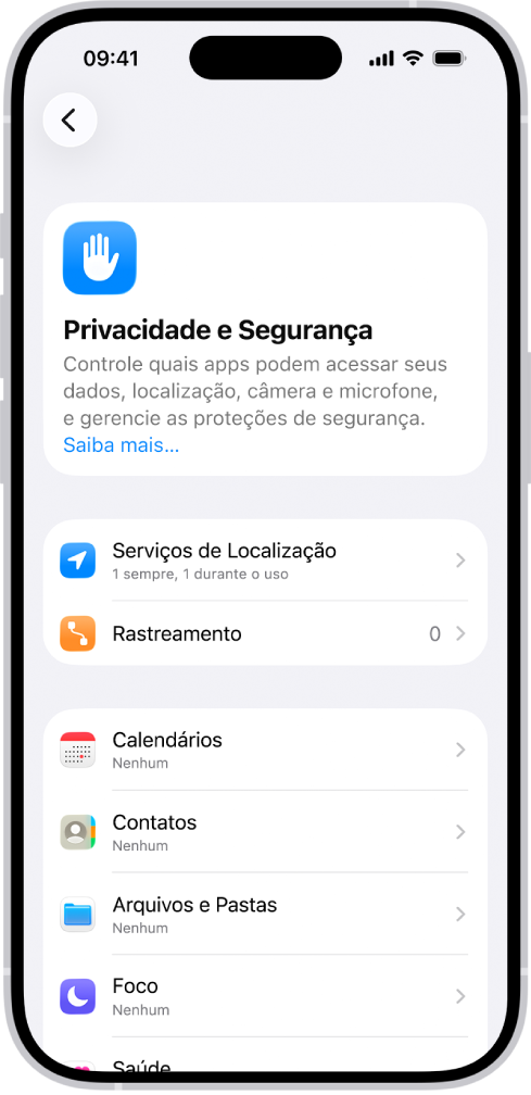 A tela “Privacidade e Segurança” com ajustes para “Serviços de Localização” e Rastreamento, e ajustes para controlar quais apps podem acessar dados.