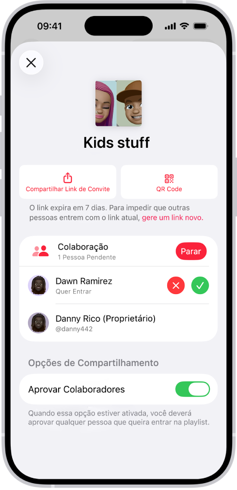Tela Gerenciar Colaboração no app Música.
