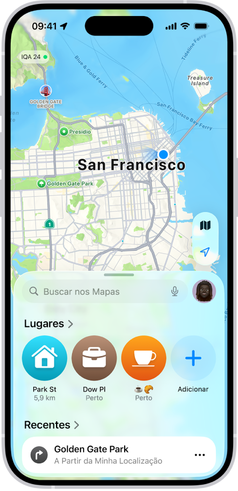 O app Mapas mostrando alfinetes em Lugares e Recentes.