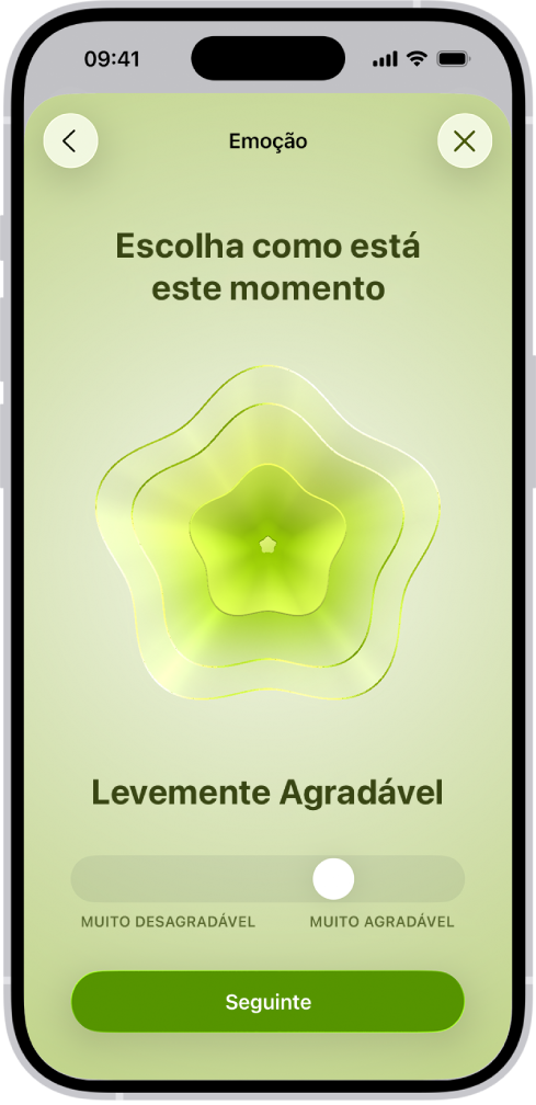 Tela no app Saúde que identifica o humor atual como Levemente Agradável. Na parte inferior da tela, um controle deslizante para ajustar o nível da emoção.
