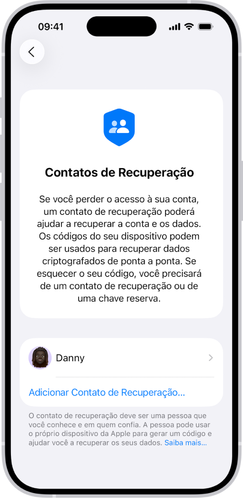 A tela Adicionar Contato de Recuperação.
