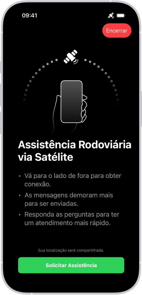 A tela de Assistência Rodoviária via satélite. O botão Solicitar Assistência está na parte inferior da tela.