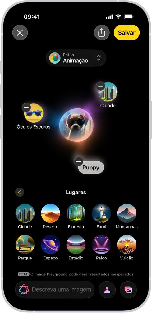 Janela do app Image Playground mostrando uma imagem criada de um cachorro usando óculos escuros.