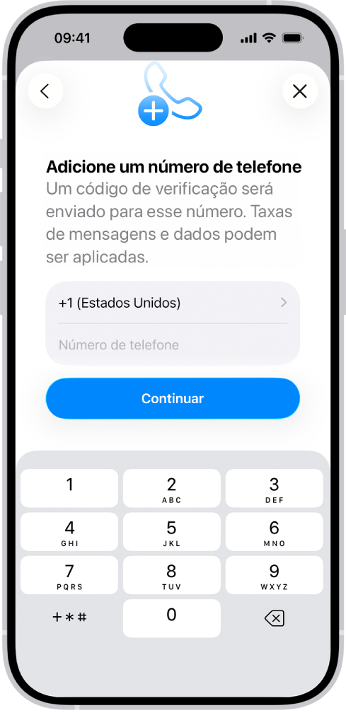 A tela Adicionar Número de Telefone nos Ajustes.