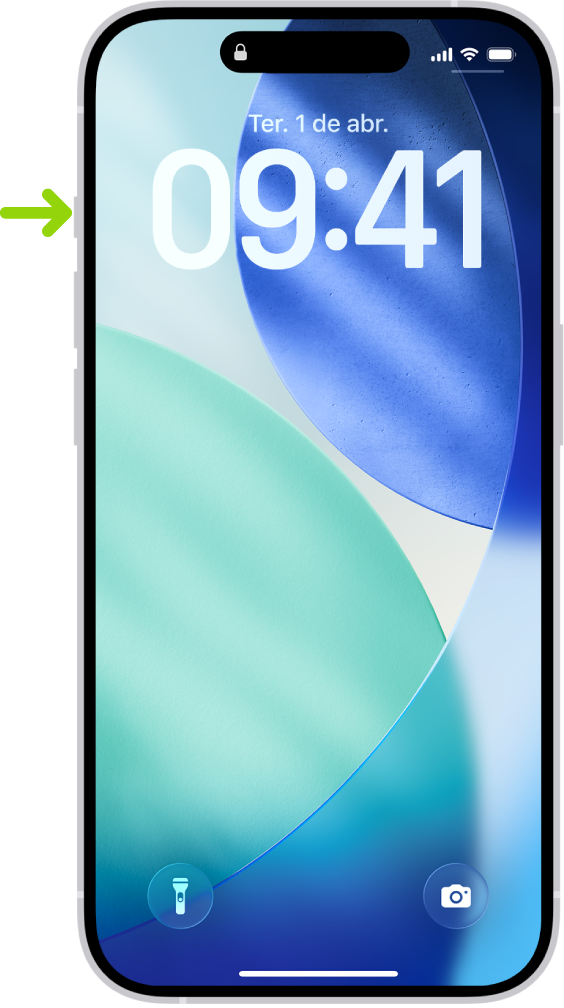 Tela mostrando que o botão de Ação está localizado na borda esquerda iPhone 15 Pro. Você pode personalizar a função do botão em Ajustes > Botão de Ação.