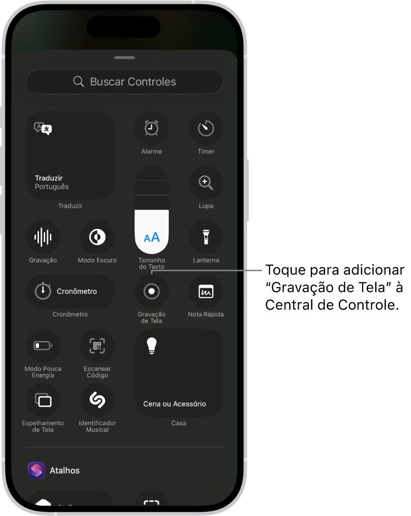 Tela mostrando os controles que podem ser adicionados à Central de Controle. O controle Gravação da Tela está perto do centro.