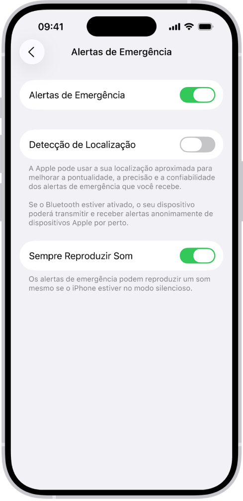A tela de Alertas de Emergência com as opções Alertas de Emergência, Detecção de Localização e Sempre Reproduzir Som ativadas.