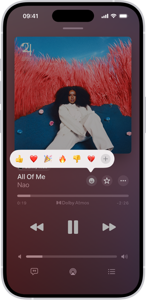 Tela Reproduzindo com o botão Reações mostrando diversos emojis e um botão Adicionar, que você pode tocar para encontrar mais emojis.