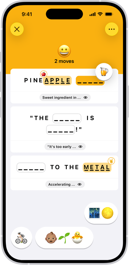 O Emoji Game mostrando o número de jogadas, dois emoji posicionados como respostas e um outro prestes a ser colocado numa posição sem resposta.