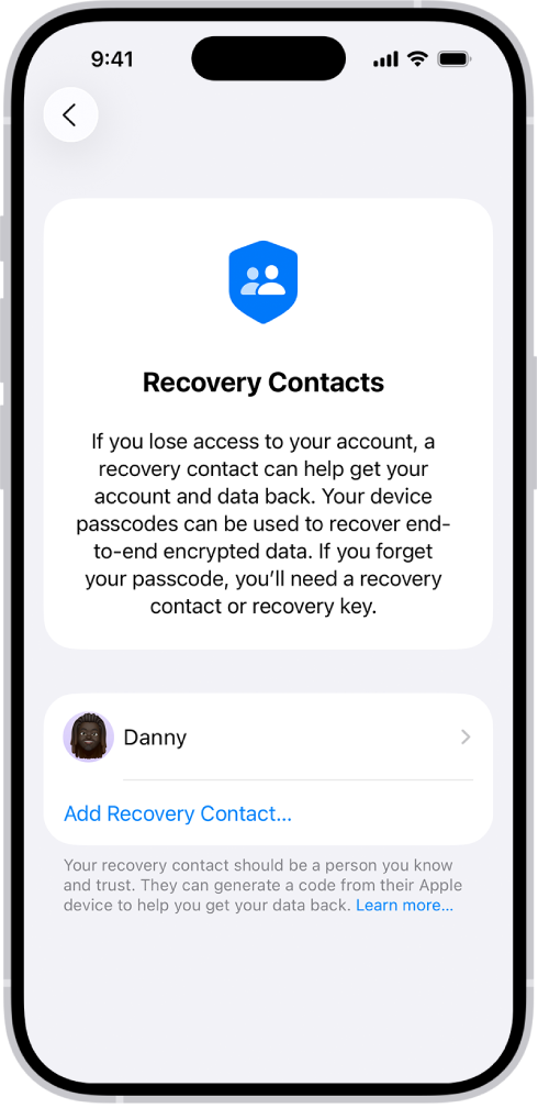 O ecrã “Adicionar contacto de recuperação”.