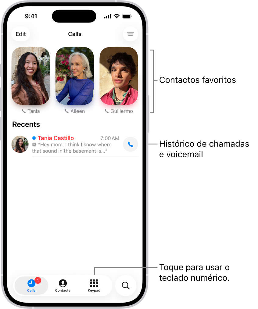 O separador “Chamadas” na aplicação Telefone na disposição unificada. Os contactos favoritos aparecem na parte superior. Em “Favoritos” encontra-se uma lista de chamadas recentes e voicemail. Os botões para ver os separadores “Chamadas”, “Contactos” e “Teclado numérico” aparecem na parte inferior. No canto inferior direito, está o botão Pesquisar.