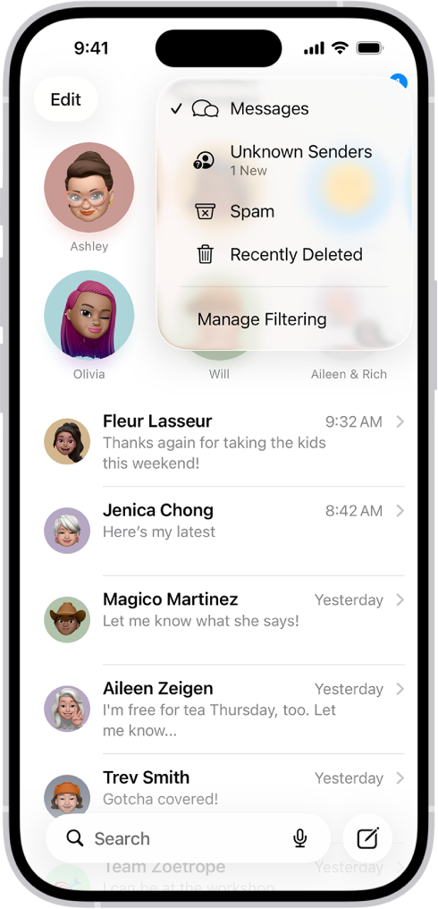 Uma lista de conversas na aplicação Mensagens. Todas as mensagens são mostradas, porque não está selecionado nenhum filtro no menu Filtrar.