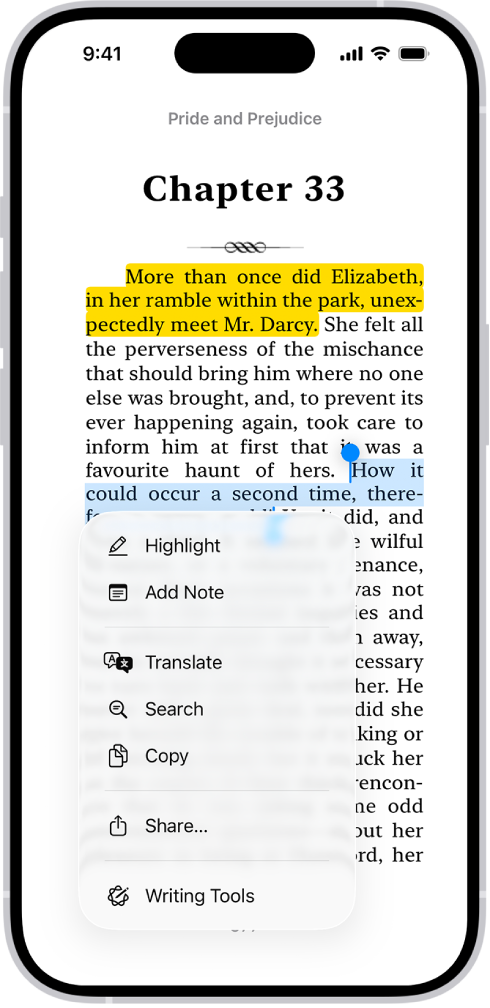 Uma página de um livro na aplicação Livros, com uma parte do texto da página selecionado. Os controlos de “Destacar”, “Adicionar Nota” e “Traduzir” encontram-se por cima do texto selecionado.