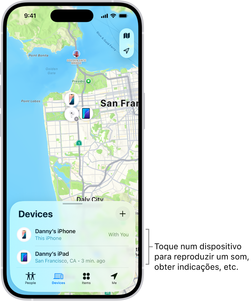 O ecrã de Encontrar, com a lista Dispositivos aberta. Há dois dispositivos na lista Dispositivos: iPhone do Sérgio e iPad do Sérgio. As localizações são mostradas num mapa.