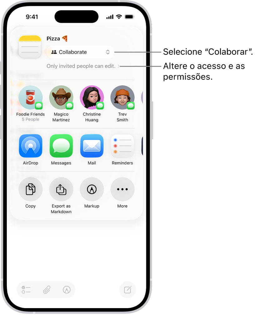 Um convite de colaboração para uma receita na aplicação Notas, a mostrar “Colaborar” para a opção de partilha e “Só as pessoas convidadas por si podem editar” como a definição de acesso e permissão. Quatro destinatários possíveis, incluindo um grupo, formam uma linha por baixo. A linha seguinte oferece formas diferentes de partilhar a nota: AirDrop, Mensagens, Mail e Lembretes.