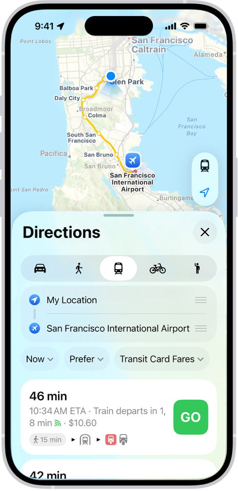 Um mapa a mostrar itinerários de transportes públicos. A ficha do itinerário na parte inferior fornece detalhes para o itinerário, incluindo o tempo de viagem estimado e o custo total. Um botão “Ir” aparece do lado direito dos detalhes.