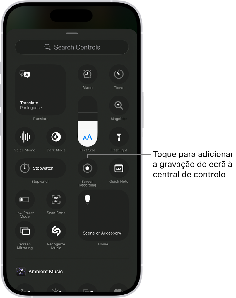 Um ecrã a mostrar controlos que pode adicionar à central de controlo. O controlo “Gravação de ecrã” encontra-se junto ao centro.