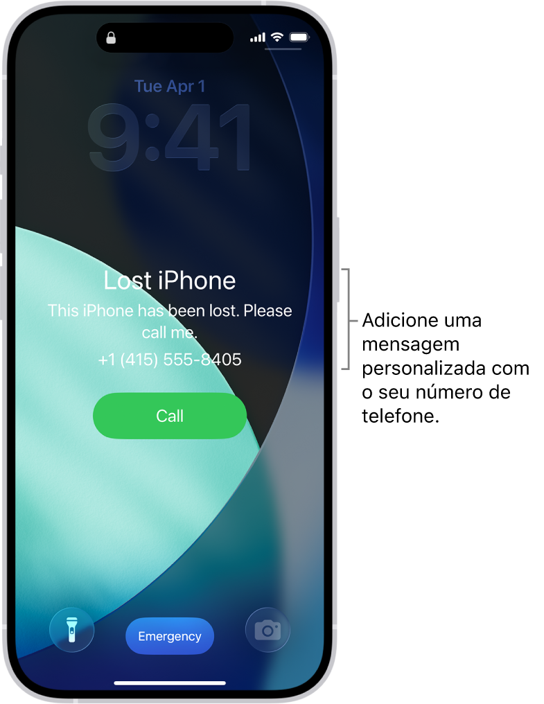 Um ecrã bloqueado com uma mensagem de iPhone perdido. Pode adicionar uma mensagem personalizada com o seu número de telefone.